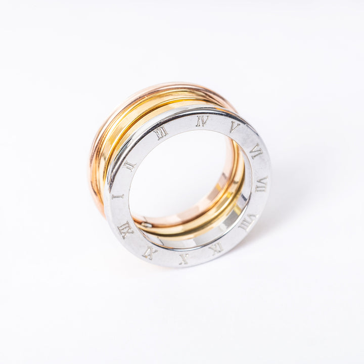 Omnica ring in  different colours standing in the center of the image against a white background. 
