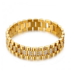A gold-plated stainless steel Rolex Style Zircons bracelet with zircon stones set on the links.