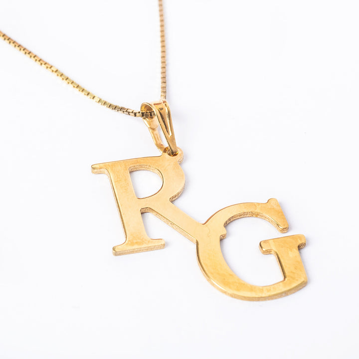 Double Initial Gold Necklace side view. 