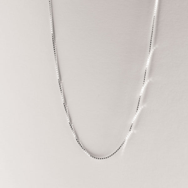 A silver necklace displayed against a neutral background.