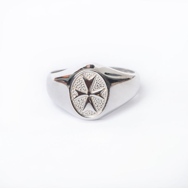 A close up view of  Xandru Silver Ring standing in the center of the image against a white background. 
